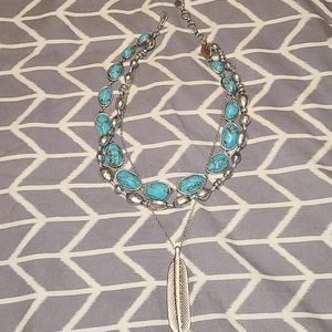 Fossil Torquoise & Silver Feather Necklace